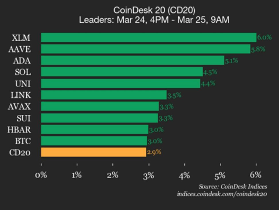 Coindesk 20 performance update: stellar (xlm) gains 6% as all constituents rise