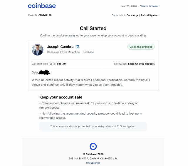 ⚠️ scam alert: fake coinbase "risk mitigation" calls & phishing portals