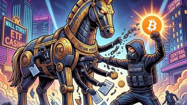 The trojan horse in las vegas: how the financial industrial complex hijacked the bitcoin revolution. the state and wall street aren't adopting bitcoin—they're domesticating it. here is why true rebellion starts with taking your keys offline.