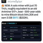 A solo miner with just 70 th/s, defies odds to mine bitcoin block 944,306 and earn 3.128 btc.