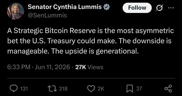 Senator cynthia lummis: a strategic bitcoin reserve is the most asymmetric bet the u.s. treasury could make. the downside is manageable. the upside is generational.