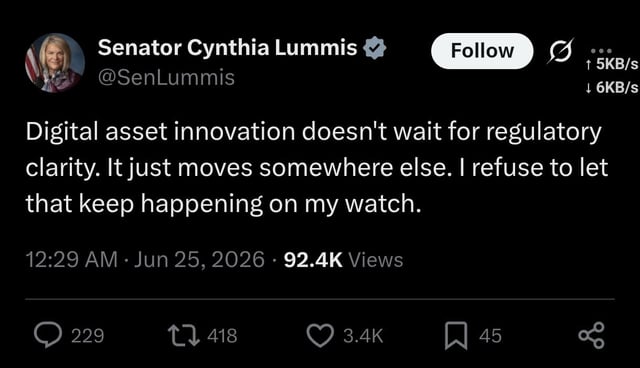 Senator cynthia lummis: digital asset innovation doesn't wait for regulatory clarity. it just moves somewhere else.
