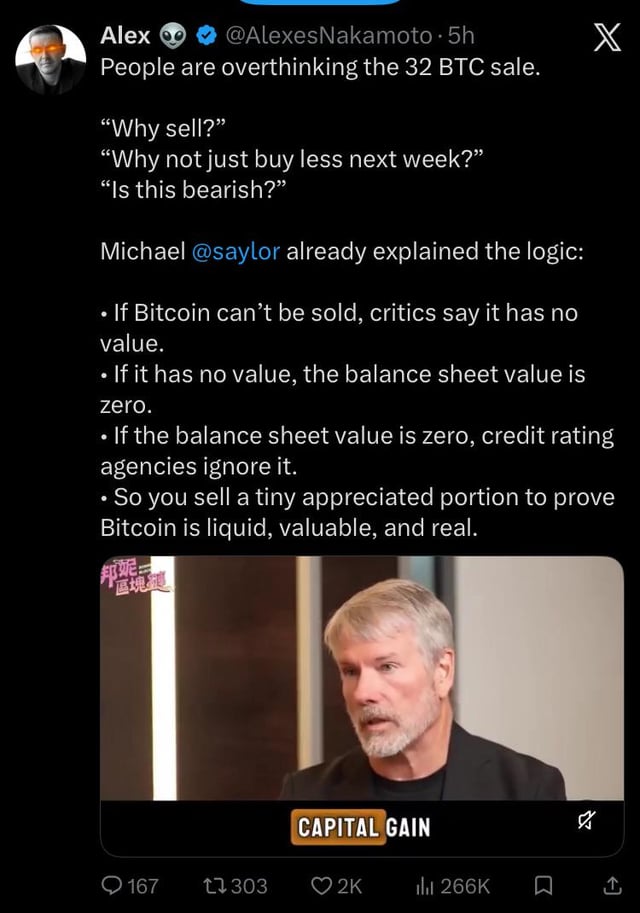 Apparently we’re sooooo early michael saylor had to sell 32 bitcoin to prove it was a liquid asset…