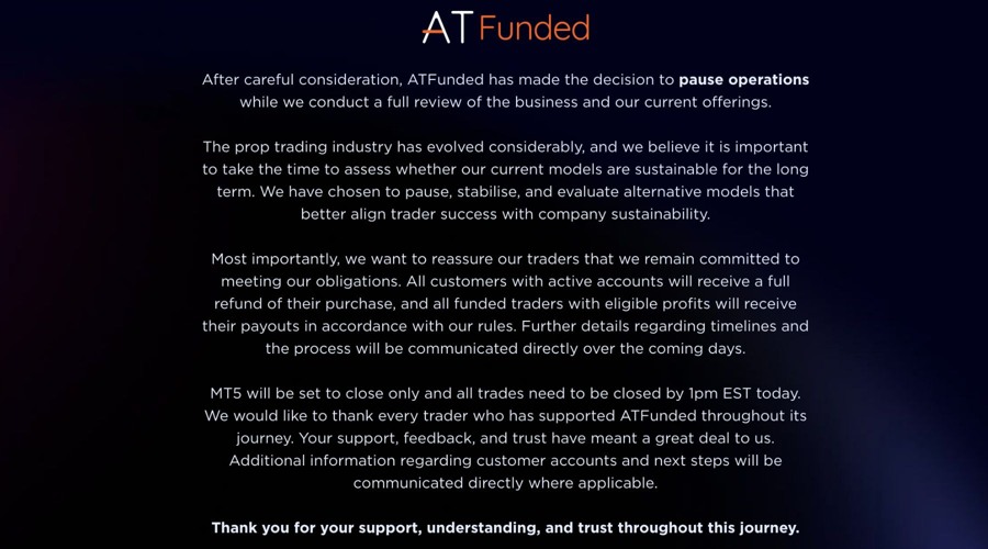 Atfx suspends its prop trading operations