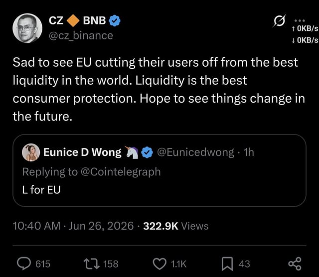 Cz on binance missing eu deadline: sad to see eu cutting their users off from the best liquidity in the world. liquidity is the best consumer protection.