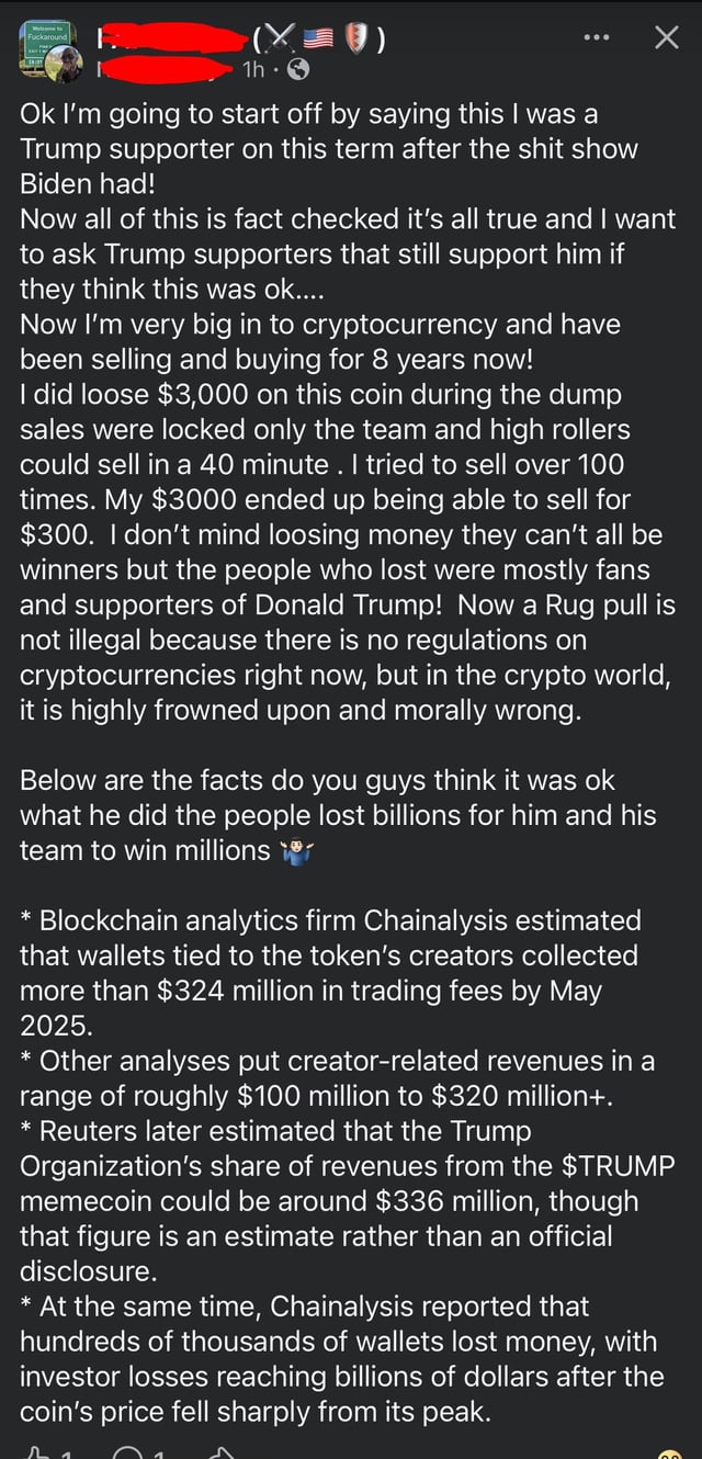 “i was a trump supporter until i fell for his cryptoscam” 😭