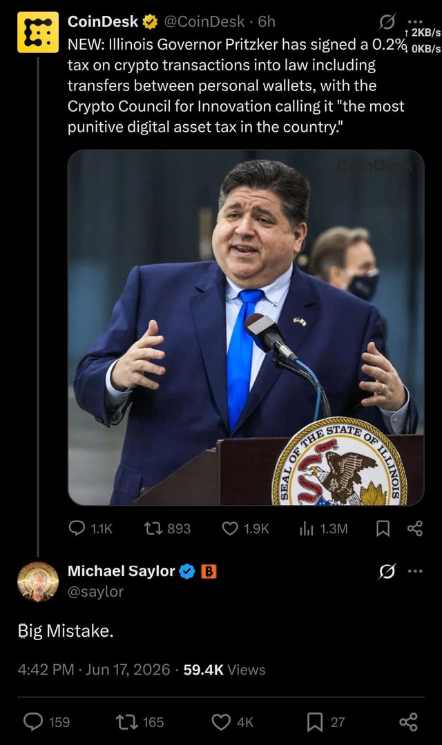 Michael saylor calls the newly signed illinois 0.2% tax on crypto transactions into law "big mistake"