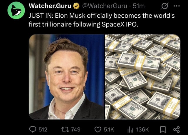 Elon musk becomes earth's first trillionaire, what does this mean for btc/crypto?