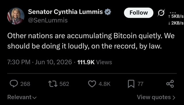 Senator cynthia lummis: other nations are accumulating bitcoin quietly. we should be doing it loudly, on the record, by law.
