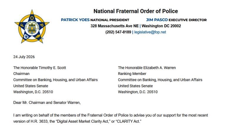 382,000 member police group supports revised crypto clarity act
