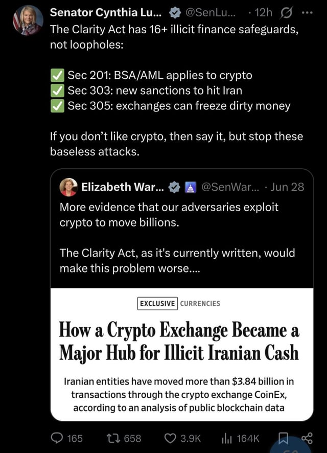 Senator cynthia lummis replies senator elizabeth warren on the crypto clarity act bill; if you don’t like crypto, then say it, but stop these baseless attacks.