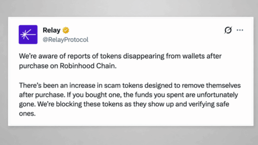 New chain hype meets old scam tactics: relay protocol warns of robinhood chain honeypot coins