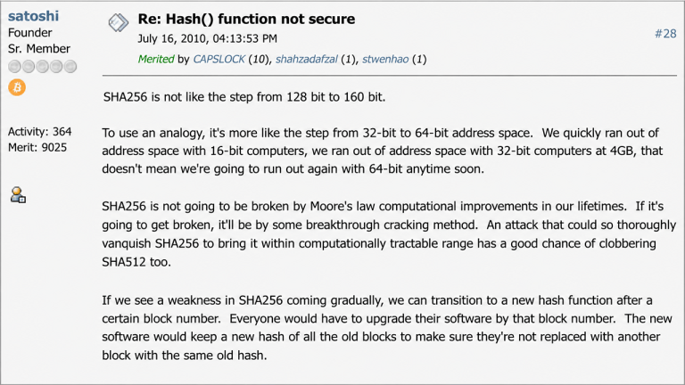 Satoshi nakamoto predicted bitcoin’s hash defense 16 years before quantum fears