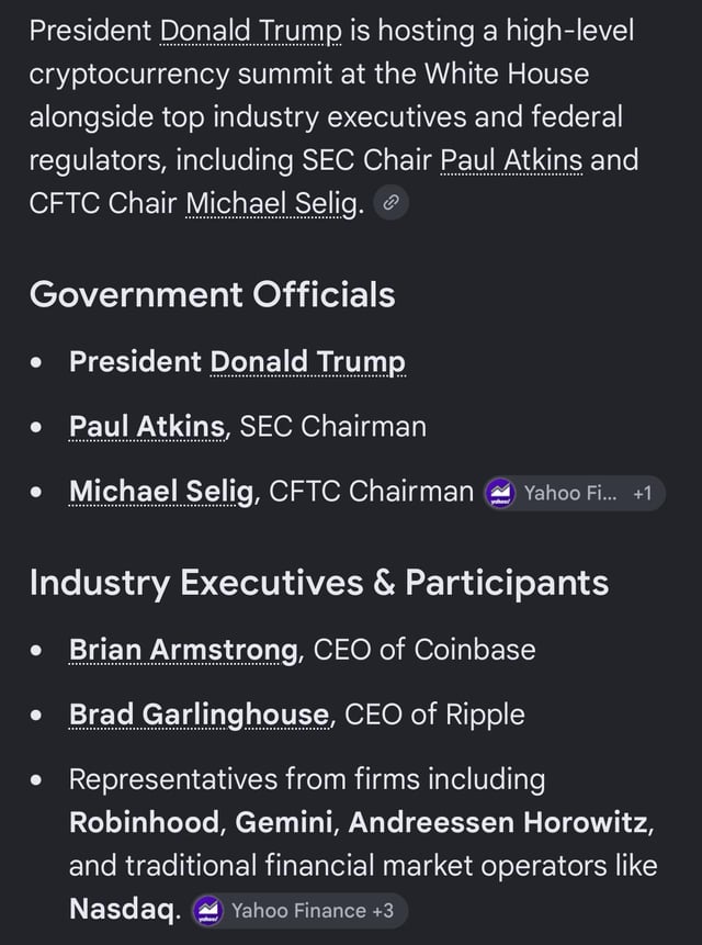President donald trump is hosting a high level cryptocurrency summit at the white house alongside top industry executives and federal regulators, including sec chair paul atkins and cftc chair michael selig.