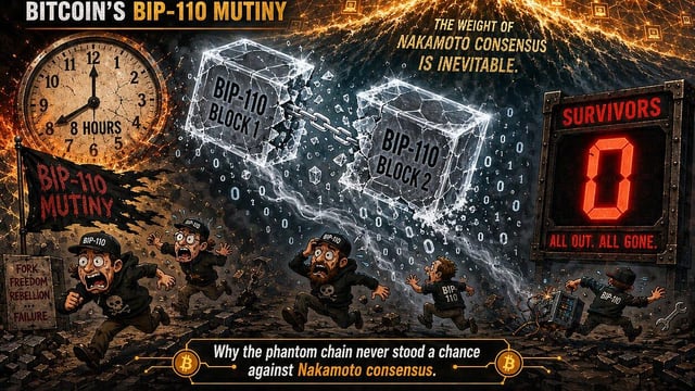 8 hours, 2 blocks, 0 survivors: the brutal collapse of bitcoin's bip 110 mutiny.