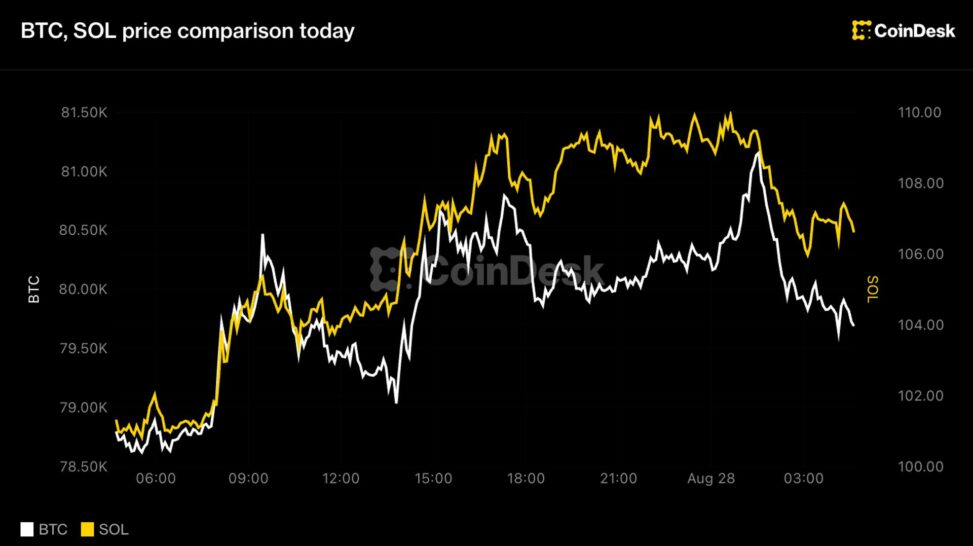 Bitcoin under $80,000, solana leads majors higher before warsh's jackson hole debut