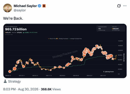 Michael saylor shares the saylor tracker and hints at a potential $btc purchase: “we’re ₿ack.”