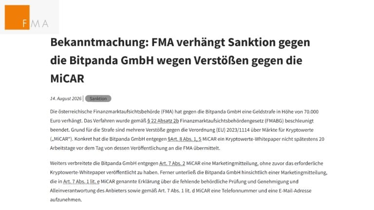 Austria fines bitpanda 70,000 euros in first mica crypto penalty