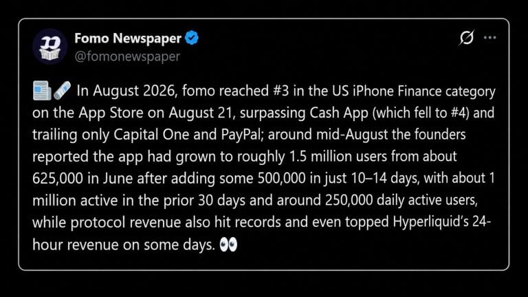 Fomo cracks top 5 us finance charts, passes kalshi and cash app