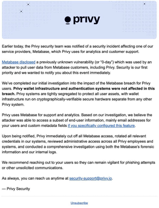Got shown this privy email about the metabase breach last week but nothing so far on their socials about it