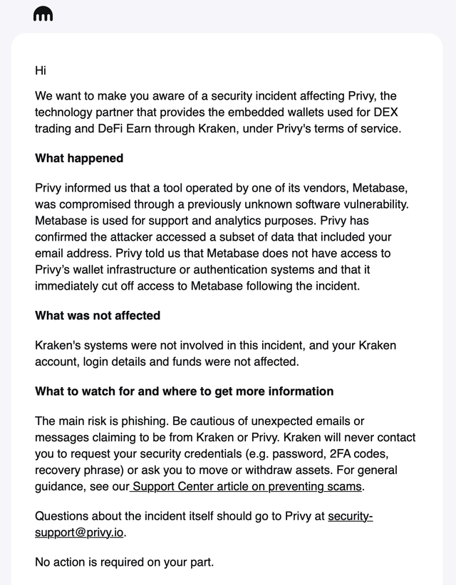 Kraken: "[important notice] security incident affecting privy"