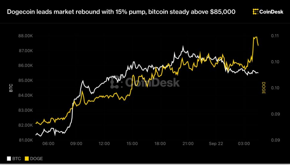 Dogecoin leads market rebound with 15% pump, bitcoin steady above $85,000