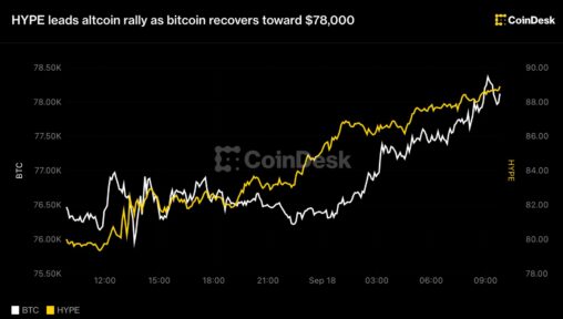 Live updates: hype leads altcoin rally as bitcoin recovers toward $78,000