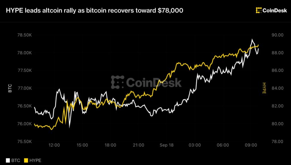 Live updates: hype leads altcoin rally as bitcoin recovers toward $78,000