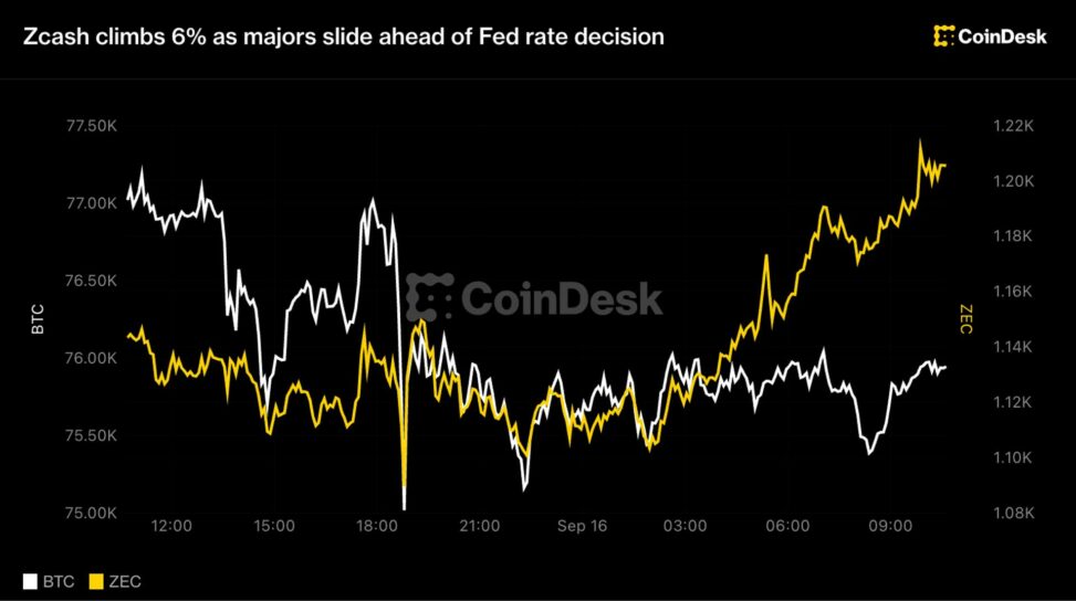 Live updates: zcash climbs 6% as majors slide ahead of fed rate decision