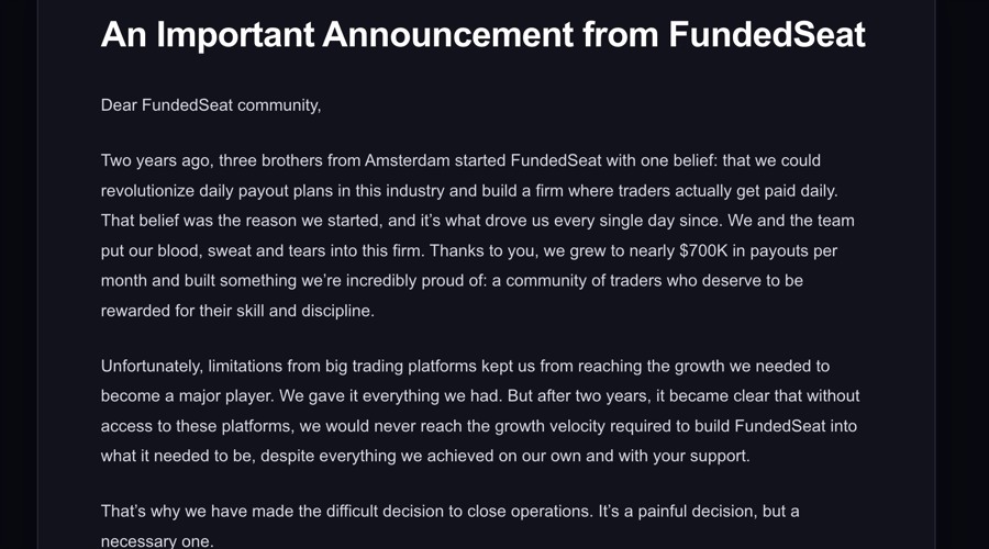 Futures prop firm fundedseat closes due to “limitations from big trading platforms”