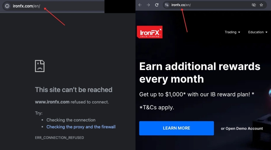 Ironfx.com domain goes dark, “temporary” .co fills the gap