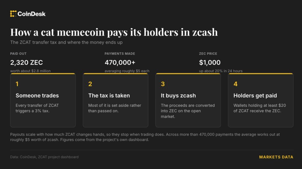 This cat memecoin has paid holders $2.8 million in zcash as zec tops $1,200