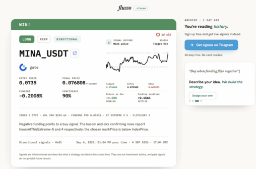 Flusso.stream describe a trading strategy, run it live
