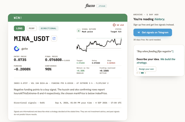 Flusso.stream describe a trading strategy, run it live