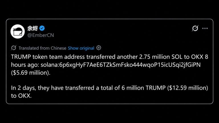 Trump memecoin team sends 8.4m trump to okx as bitcoin price nears $85k