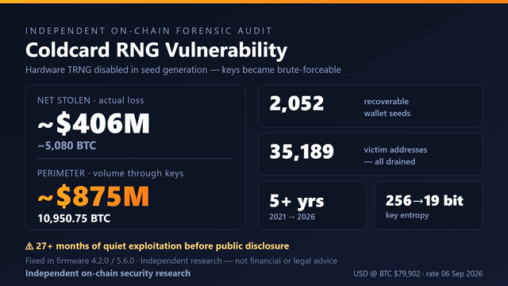 [serious] i reconstructed the coldcard rng losses on chain and it came out bigger than the public numbers (2,052 seeds, 35,189 drained addresses)