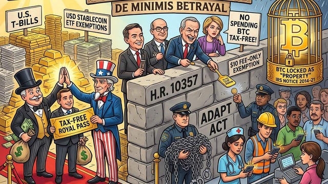 The $10 insult: why congress’s de minimis tax exemption betrays everyday earners—and locks bitcoin in a golden cage.