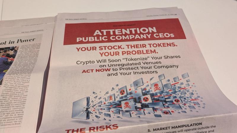 Mystery wall street journal ad sparks new fight over tokenized stocks
