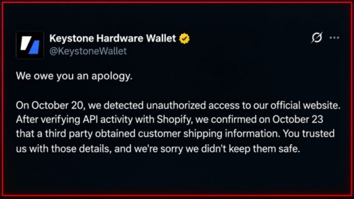 Keystone wallet data breach exposes buyers’ addresses to scammers
