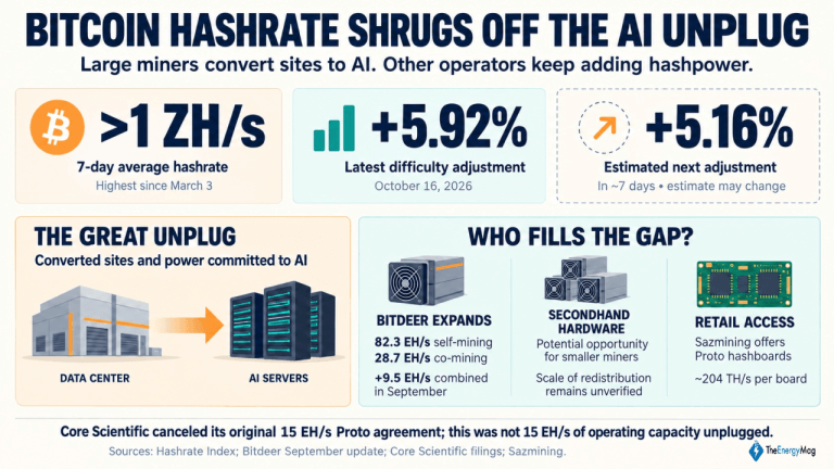 Miner weekly: bitcoin hashrate shrugs off the ai unplug, regaining 1 zh/s level