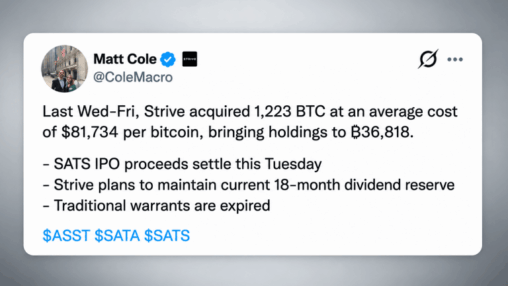 Strive buys 1,223 bitcoin while preparing a $630 million cash raise